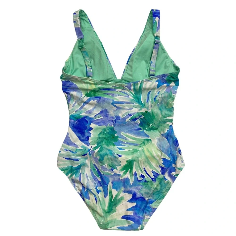 NWT, Sea Level Swim Tropical Palm V-neck Blue Green One Piece Swimsuit Size 4